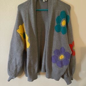 DAVI & DANI Gray Cardigan with Colorful Floral Accents
